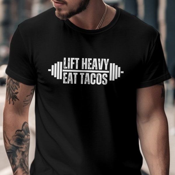 Fitness Enthusiast T-Shirt - Lift Heavy Eat Tacos Graphic - Funny Gym Humor Tee - Weightlifter and Bodybuilder Novelty Apparel