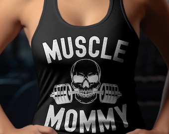 Muscle Mommy Weightlifting Skull Graphic Gym Workout Tank Top, Cool Mom Fitness Apparel, Mother's Strength Training, bodybuilding mom