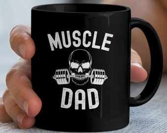 Dad Bodybuilder Graphic Mug, Skeleton Barbell Weightlifter Design, Muscle Dad Fitness Coffee Cup, Gym Workout Casual Drinkware for Dads