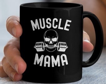 Muscle Mama Gym Mug, Weightlifter Mom Skeleton Barbell Design, Fitness Mother Coffee Cup, Gym Lover Mother Ceramic Mug, Athletic Mom cup