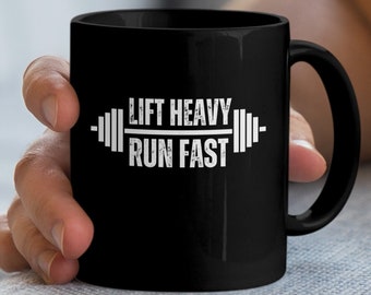 Vintage Gym Workout Design Mug, Weight Lifter Runner Graphic Coffee Cup, Lift Heavy Run Fast Fitness Enthusiast Drinkware