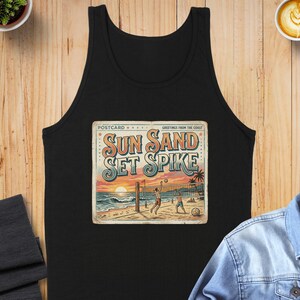 Sun Sand Set Spike Beach Volleyball Tank Top, Vintage Sunset Coastal Shirt, Retro Summer Vacation Gift for Him Her