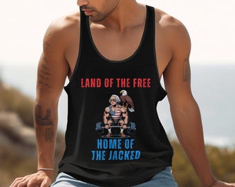 Patriotic Tank Top, Land of Free Home of Jacked, USA George Washington Eagle Gym Tank Top, Funny American Pride Workout Fitness Tank Top