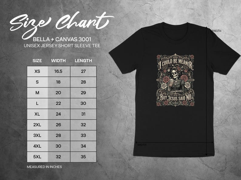 Size chart for Bella + Canvas 3001 t-shirt with "I could be meaner but Jesus said no" graphic.