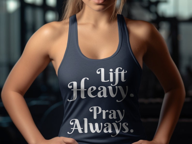 Christian Barbell Training Tank Top, Lift Heavy Pray Always, Cute Gym Workout Apparel, Fitness Motivation Clothing Navy