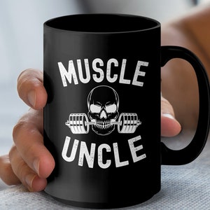 Uncle Weightlifting Mug, Gym Skeleton Barbell Graphic Mug, Cool Muscle Uncle Gym Workout Coffee Cup, Non-Personalized Fitness Drinkware Mugs (Black Mug 15oz) - 15oz