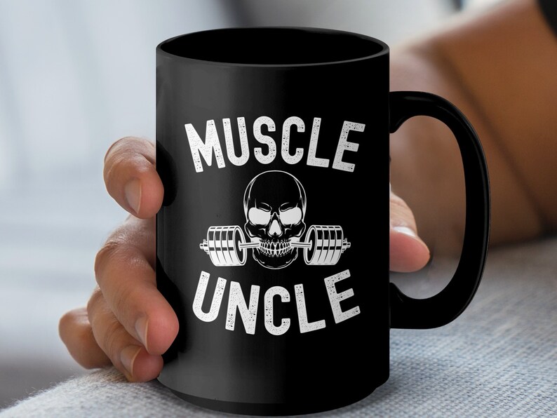 Uncle Weightlifting Mug, Gym Skeleton Barbell Graphic Mug, Cool Muscle Uncle Gym Workout Coffee Cup, Non-Personalized Fitness Drinkware Mugs (Black Mug 15oz) - 15oz