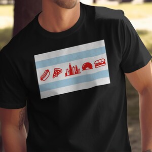 Camiseta con la bandera de Chicago, camiseta con la emblemática comida y lugares de interés de la Ciudad de los Vientos, gráfico de la Puerta de la Nube con el horizonte de pizza y hot dog, regalo de recuerdo de Illinois