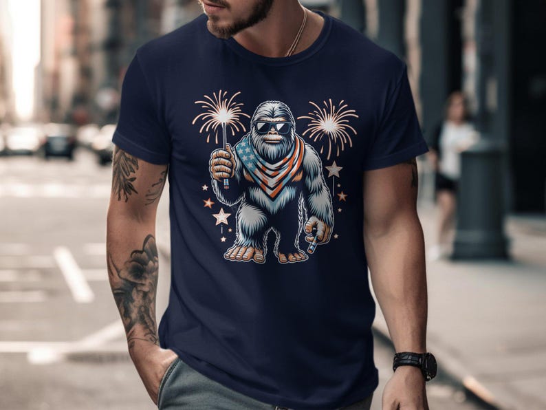 Patriotic Bigfoot Shirt, Fireworks Sasquatch Tee, 4th of July Graphic Shirt, Men’s Festival T-Shirt, Retro Style Bigfoot Apparel