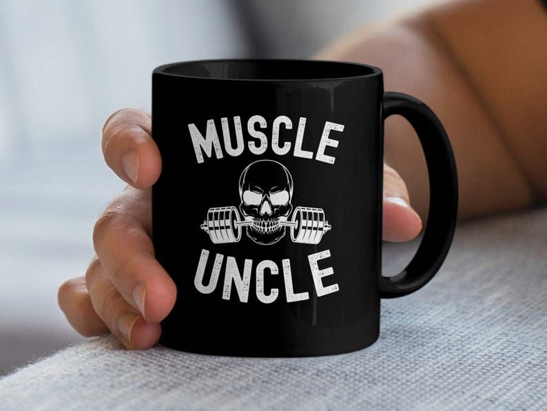 Uncle Weightlifting Mug, Gym Skeleton Barbell Graphic Mug, Cool Muscle Uncle Gym Workout Coffee Cup, Non-Personalized Fitness Drinkware Mugs (Black Mug 11oz) - 11oz