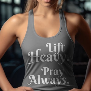 Christian Barbell Training Tank Top, Lift Heavy Pray Always, Cute Gym Workout Apparel, Fitness Motivation Clothing Charcoal-Black Triblend