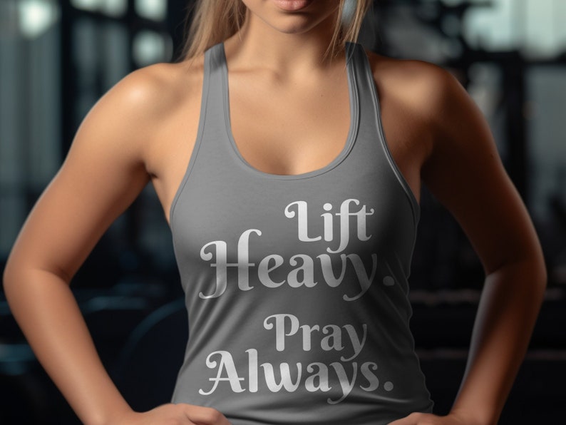 Christian Barbell Training Tank Top, Lift Heavy Pray Always, Cute Gym Workout Apparel, Fitness Motivation Clothing Charcoal-Black Triblend