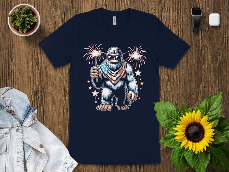 Patriotic Bigfoot T-Shirt, Funny Bigfoot with Fireworks Tee, American Sasquatch Shirt for Independence Day, July 4th Shirt