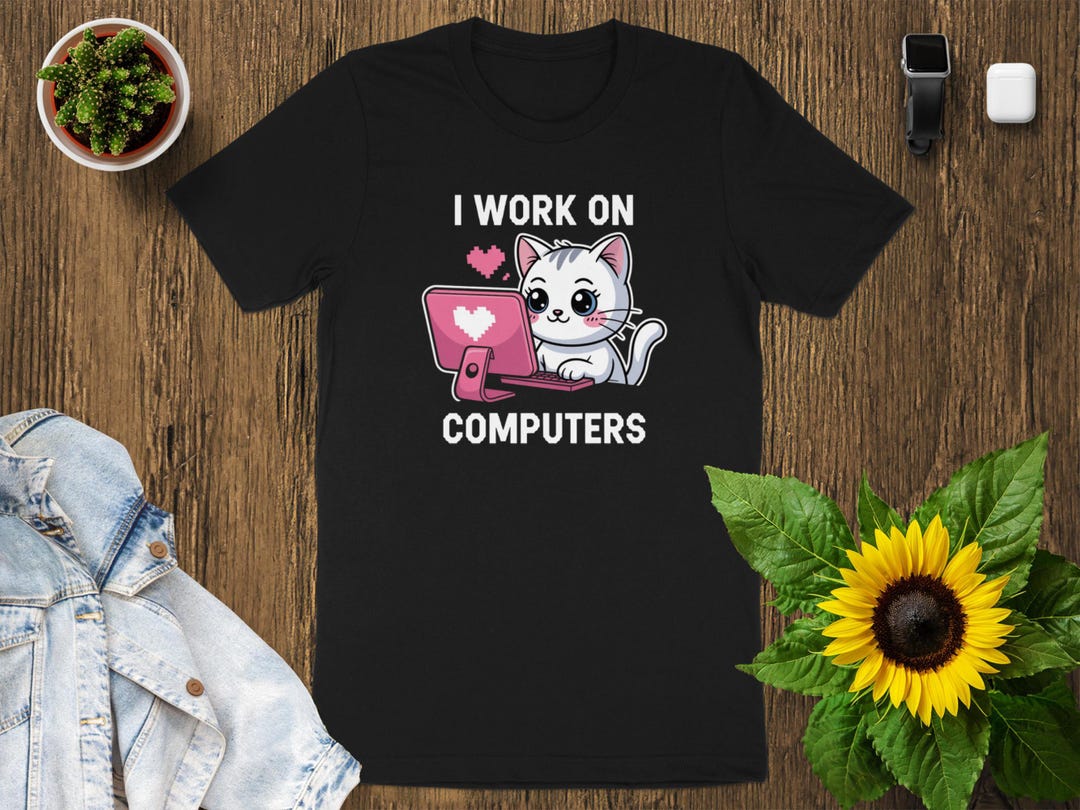 Cute Cat Programmer T-shirt, Funny Computer Cat Shirt, I Work on ...