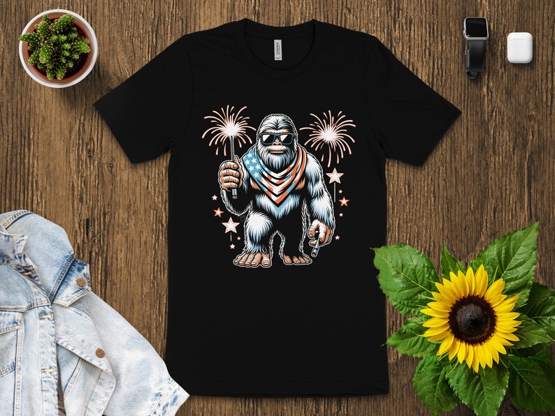 Bigfoot Fireworks Graphic Tee, Patriotic Bigfoot Shirt, American Flag Sasquatch T-shirt, Fun Fourth of July Outfit, Novelty USA Tee