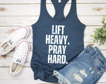 Lift heavy. Pray hard. Fitness Racerback Tank Top, Workout Tank for Women, Gym Muscle Tank, Inspirational Weightlifting Shirt