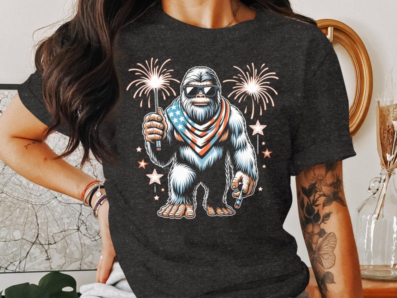 Bigfoot Fourth of July Shirt, Patriotic Sasquatch Graphic Tee, USA Independence Day Bigfoot T-Shirt, Funny 4th of July Gift