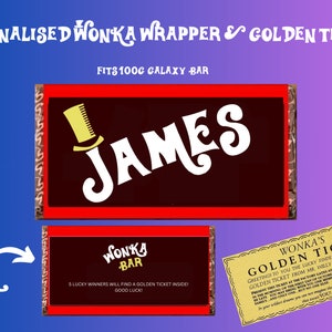 Personalised Wonka Chocolate Bar Wrapper + Golden Ticket Birthday Christmas Easter Gift