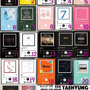 Puede incluir: Un collage de 22 imágenes cuadradas coloridas que presentan varias portadas de álbumes de la banda de chicos surcoreana BTS. Cada imagen está diseñada para parecerse a la pantalla de un reproductor de música con el título del álbum, el artista y los controles de reproducción. Los títulos de los álbumes incluyen "Stay Gold", "Butter", "Save Me", "Blood Sweat & Tears", "Euphoria", "Boy In Love", "Film Out", "Life Goes On", "No More Dream", "Permission to Dance", "Fake Love", "My Universe", "Heartbeat", "Spring Day", "Butterfly", "Ma City", "Attack on Bangtan", "Just One Day", "I Need U" y "Tomorrow".