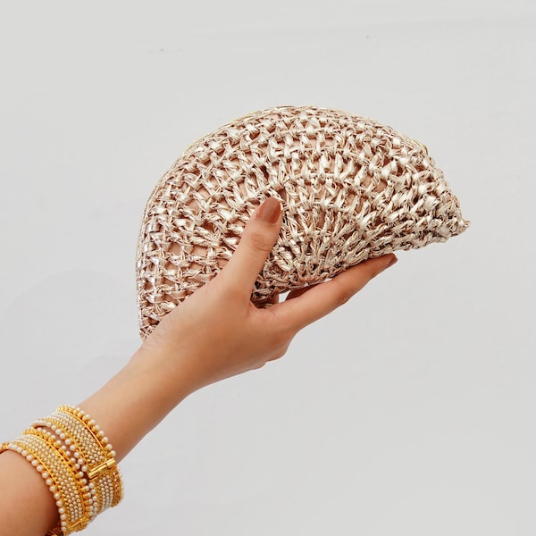 Half Moon Rose Golden Gota Crochet Wrist Bag | Women Purse/Clutch | Bag For Wedding/Evening Parties/Festive Events/Prom/Date Night/Dinner