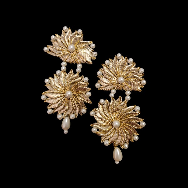 Floral Copper Gota Earrings with Pearls | Haldi Jewelry | Mehndi/Mayun Jewelry | Pakistani Jewelry | Gota Jewelry | Wedding Jewelry