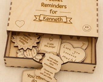 Personalized Wood Pocket Reminders, Custom Engraved Box, Handwriting Keepsake, Back to School Gift