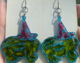 Summerween Frog Dangle Earrings, Watermelon Witch Hat, Hypoallergenic Steel