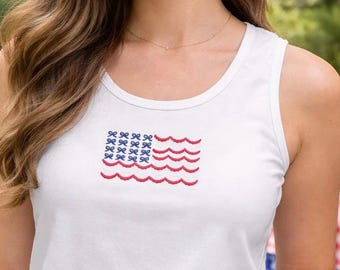 Embroidered Bow American Flag Tank, White Cotton Patriotic Shirt