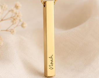 Custom Handwriting Necklace, Engraved Keepsake Gift, Stainless Steel Bar, 4 Sides