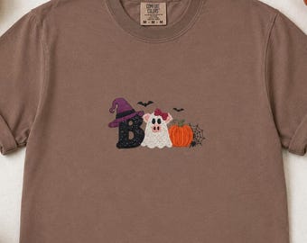 Boo Ghost Pig Embroidered Comfort Colors Shirt, Halloween Pig Lover Appliqué Tee