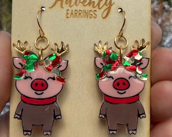 Reindeer Pig Acrylic Christmas Earrings with Stainless Steel Earwires