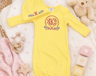 Personalized Embroidered Floral Monogram Newborn Gown with Knotted Hat