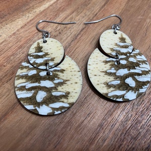 Snowy trees round earrings for women, laser engraved wood earrings