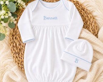 Personalized White Gown Baby Gift Collection with Blue Picot Trim