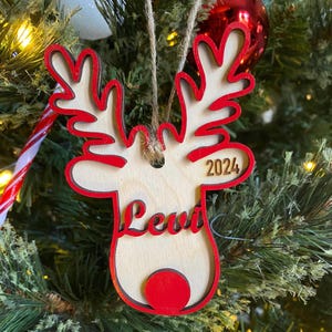 Reindeer Christmas tree wood ornament for 2025, personalized with name, custom gift tags, stocking tags