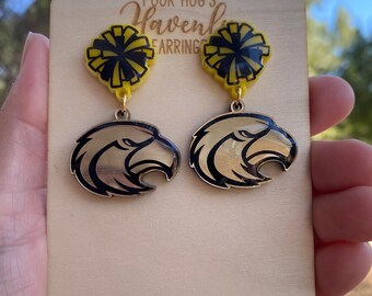Eagle Mascot and Yellow and Black Pom Pom Acrylic Drop Earrings with Stainless Steel Posts