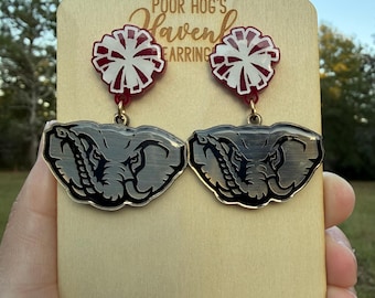 Gold Elephant Acrylic Earrings with Crimson and White Pom Pom Studs – Stainless Steel Post Backs