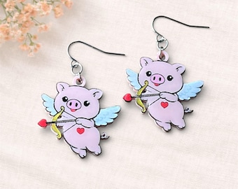 Hand Painted Cupid Pig Earrings, Valentine's Day Gift
