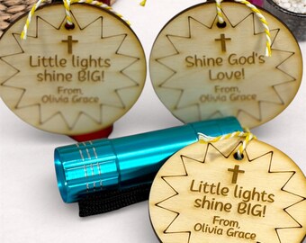 Faith Based Kids Flashlight Gift with Engraved Wooden Tag