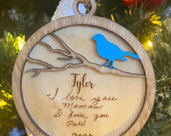 Bluebird Ornament with Custom Handwriting Engraving – Wooden Christmas Keepsake