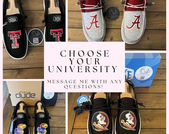 University logo HeyDude Shoes- You Choose! perfect Christmas gift, birthday gift, graduation gift, anniversary gift, tailgates & more :)