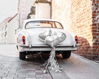 Kit de décoration de voiture de mariage, avec ballons, guirlandes, etc., argent-rouge-blanc