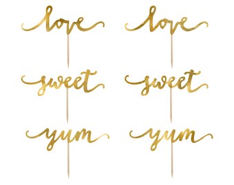 Cupcake Toppers Love sweet yum, 6 Stück, gold, 13cm