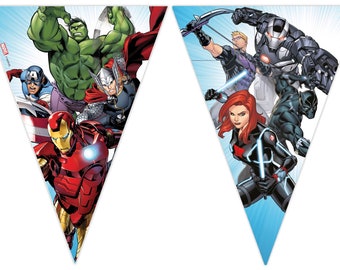 Wimpergirlande Banner Avengers, 9 Dreiecke, Raumdeko Kindergeburtstag