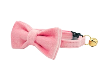 Pink Velvet Cat Collar Bowtie Set: Breakaway Safety Buckle with Removable Gold Bell