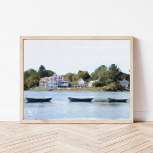 May include: A watercolor painting of a waterfront scene with a white building and three boats in the water. The boats are dark blue and the water is a light blue. The building is surrounded by trees and the sky is a light blue.