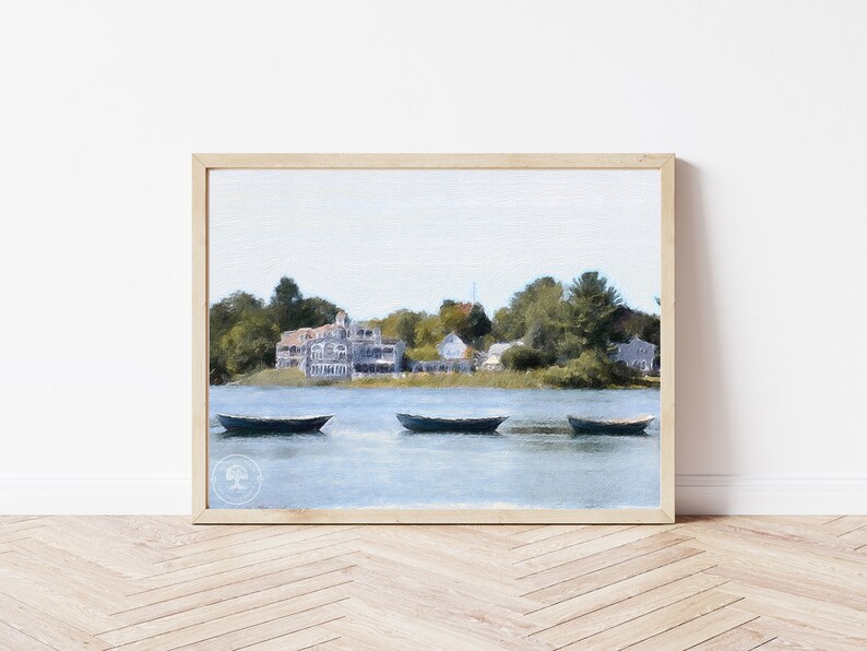 May include: A watercolor painting of a waterfront scene with a white building and three boats in the water. The boats are dark blue and the water is a light blue. The building is surrounded by trees and the sky is a light blue.