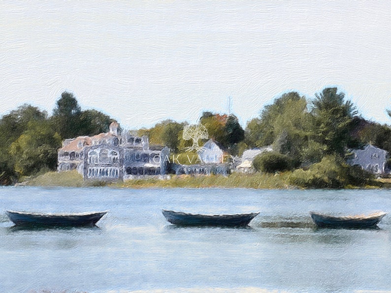 May include: A painting of a lake scene with three small boats in the water. The lake is in front of a row of houses and trees. The sky is a light blue color.