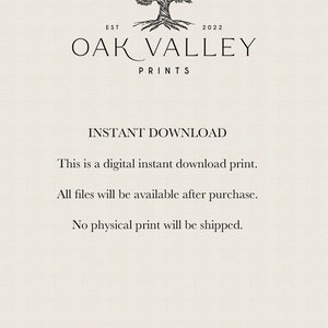 K&ouml;nnte beinhalten: Eine Schwarzwei&szlig;illustration eines Baumes mit dem Text "EST 2022 OAK VALLEY PRINTS" und dem Text "INSTANT DOWNLOAD This is a digital instant download print. All files will be available after purchase. No physical print will be shipped."