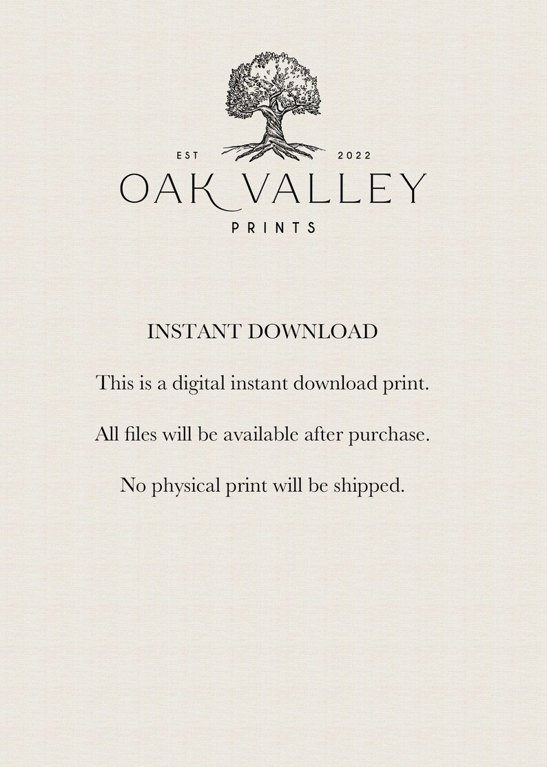 K&ouml;nnte beinhalten: Eine Schwarzwei&szlig;illustration eines Baumes mit dem Text "EST 2022 OAK VALLEY PRINTS" und dem Text "INSTANT DOWNLOAD This is a digital instant download print. All files will be available after purchase. No physical print will be shipped."